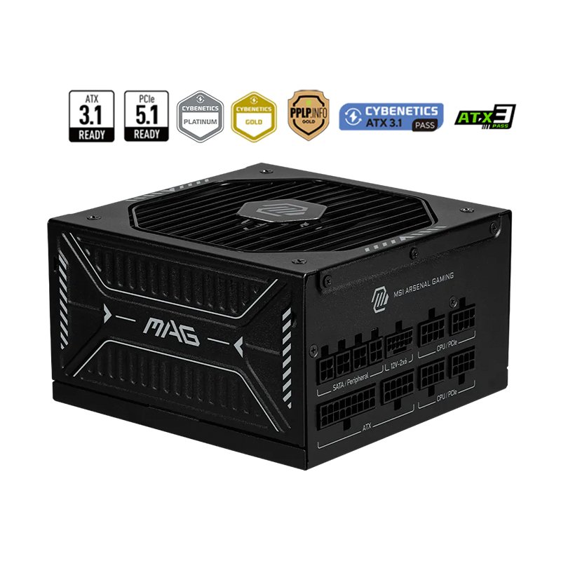 Fuente de alimentación MSI MAG A1000GLS PCI-E 5, 1000W, 80 PLUS Gold, Formato ATX.