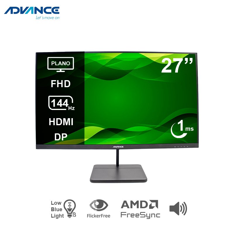 Monitor plano Advance ADV-2755S, 27” FHD IPS, 144Hz, 1ms, HDMI, DP, Audio Out, Parlantes