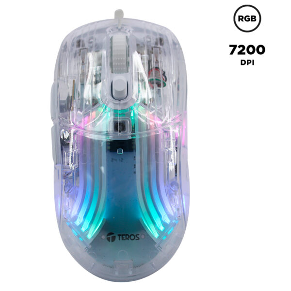 Mouse gamer TEROS TE-1216G, 2 botones, RGB, transparente